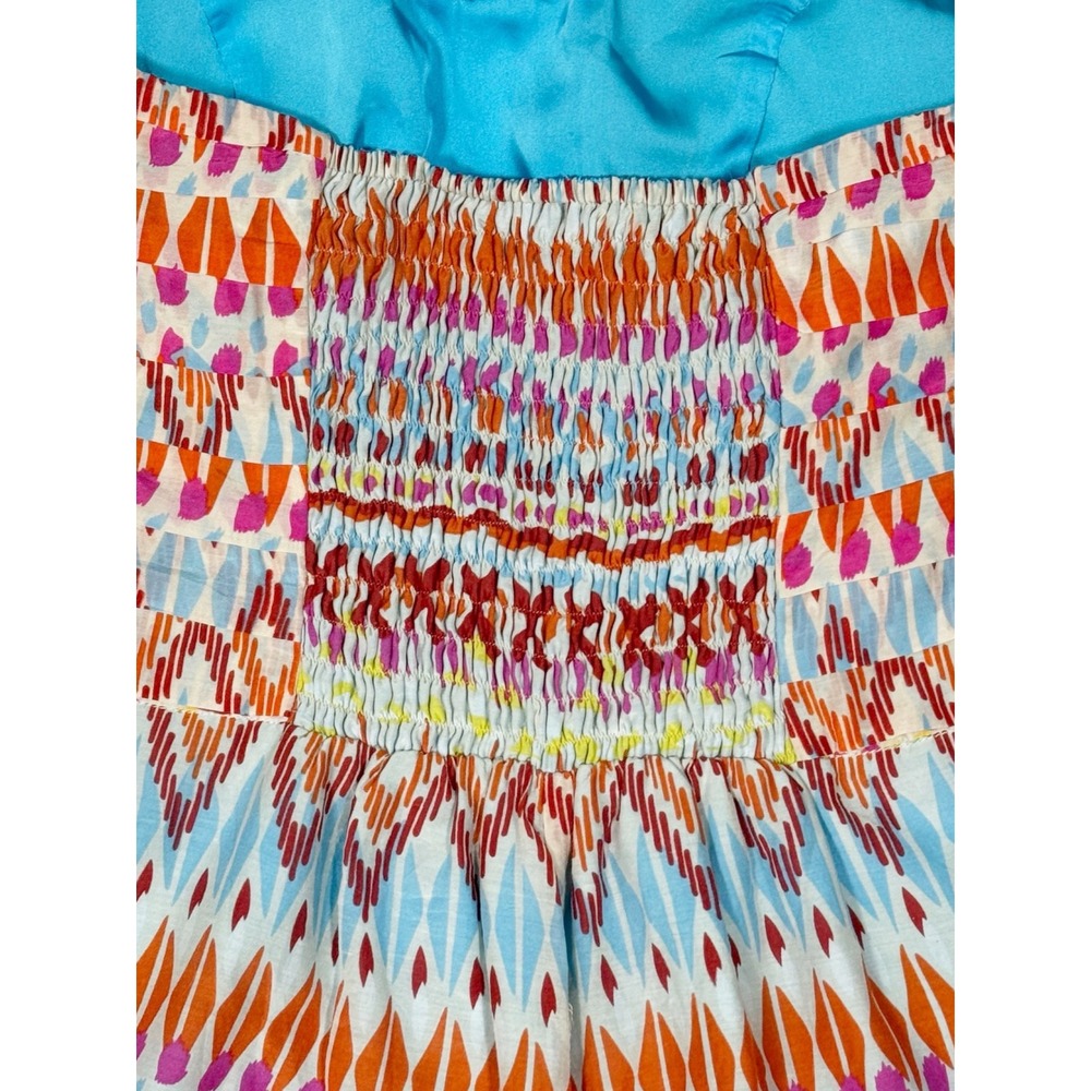 Cotton Silk Strapless Tribal Print Romper Sweetheart Neckline Orange Blue M - Picture 4 of 8
